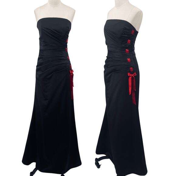 Vintage Dresses & Skirts - Vintage 90s Y2k Satin Gown Strapless Ribbon Lace Up Side Ruched Black Red 0